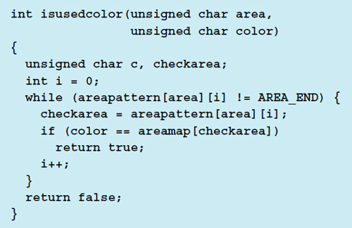 リスト2●リスト1の配列を使って指定した色が周囲で使用済みかどうかを判別するコード