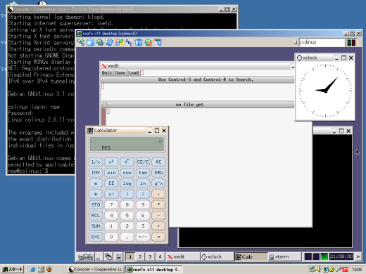 図1●coLinuxのコンソール（左上）とVNCでcoLinuxに接続してGUIを表示したところ（右下）