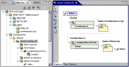 図4●Exadel XML Editorで，struts-config.xmlを編集している様子