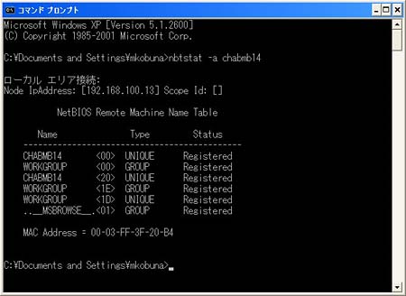 図1●Windows XPパソコンで管理しているNetBIOS名テーブルの情報を表示させた画面