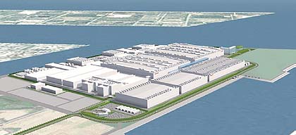 写真2●大阪府堺市の新工場は2010年3月までに薄膜型太陽電池を年産100万kW製造する（左は完成予想図）