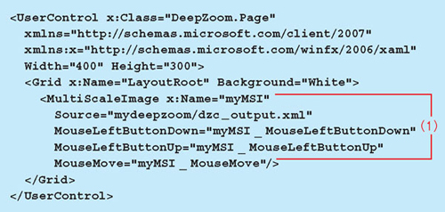 リスト1●Deep Zoomのデータを表示するMultiScaleImage要素を追加する（Page.xaml）