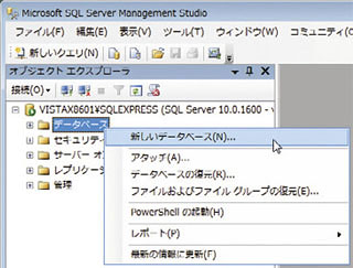 図1●SQL Server 2008 Express with Tools，同Advanced Servicesに含まれる管理ツール「SQL Server Management Studio Basic」。データベースの新規作成などができる