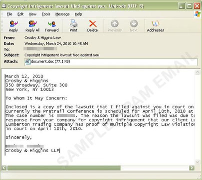 図2●偽の訴訟の文書ファイルコピーが添付されていたスパムメール