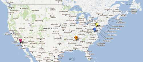 図5●San Ofroe原発（ピンクの点）、Browns Ferry原発（オレンジの点）、North Anna原発（青色の点）、Three Mile Island原発（黄色の点）の位置