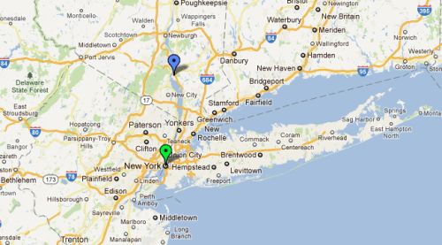 図8●ニューヨーク市（緑色の点）とIndian Point（青色の点）の位置関係。二つの間にあるのはHudson川