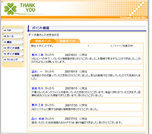 NTTデータの社員が感謝し合う仕組み「サンキューポイント制度」の利用画面イメージ