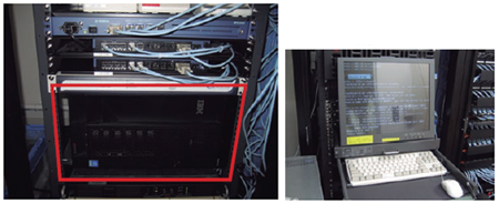 写真2●全社の内線通話の呼制御を担当するAsteriskサーバー（左赤枠内）とコンソール画面（右）