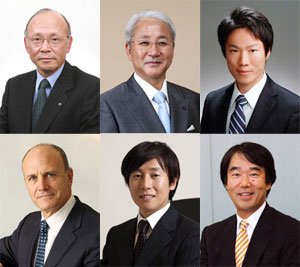 上段左から、NTTの宇治副社長、NTTデータの山下社長、Amazon Data Services Japanの玉川技術推進部長。下段左から、米VMwareのダットン・シニアバイスプレジデント、サイボウズの青野社長、野村総合研究所の椎野理事