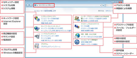 図1　Windows 7 Professional（ノートパソコン。無線LAN接続）におけるコントロールパネルの画面例。さまざまな設定が大きく8分野に分けられている。それぞれにどういった設定があるのかを把握しておくと探しやすい。Windows 7のエディション、パソコンのタイプや環境によって、表示される項目が異なる。＊「電源設定」は「システムとセキュリティ」からもアクセス可能