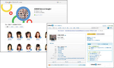 図1（左）　米グーグルは2011年12月、同社のSNS「Google＋」の知名度向上およびユーザー数の増加を図るため、アイドルグループ「AKB48」のメンバーと交流できるキャンペーンを開始した<br/>図2（右）　米国で人気のビジネスユーザーに特化した「LinkedIn」は、2011年10月に日本語サイトを開設している