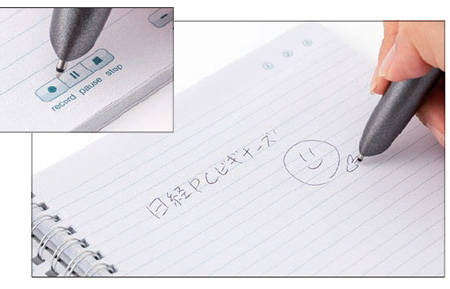録音を始めるには、ノートの欄外に印刷されている「record」をペン先でタッチ（左上）。文字や図などを書く（右下）。録音をストップするには、「stop」をペン先でタッチする。ペンが無線LANにつながると、すぐにEvernoteにアップロードされる。