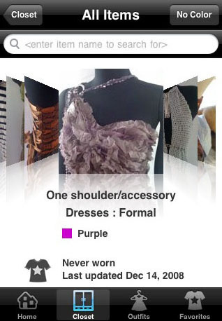 アイテムはiTunesのカバーフロー風に表示される。ちなみにこのゴージャスなドレスは「TouchCloset」詳細ページにあった見本画像。私のドレスではありません。