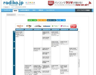「radiko.jp」の番組表。地域限定なのが少し残念