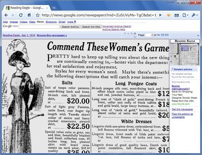 100年前の米国東部の新聞が掲載した女性の衣服の広告