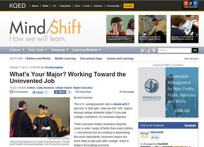 「MindShift」のWebサイト。2011年10月7日の記事で、キャシー・デビッドソン氏の予測を引用しながら、大学生が今まで存在しなかった職業に就くためにどの専門を選ぶのが有利かを考え始めていることを報じた