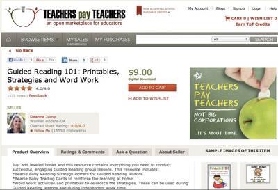 「TEACHERS pay TEACHERS」で高額の収入を得ている幼稚園教員Deanna Jump氏が販売している授業案の一例。読みの授業に関するワークシートを基本とした78ページの教材で、9ドルで販売されている
