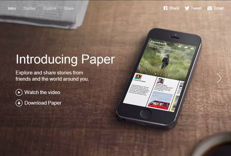 Facebookがリリースしたニュースリーダー「Paper」の紹介サイト。