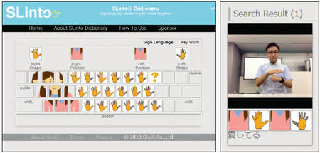 2013年8月に正式公開した辞典サービス「SLinto Dictionary」。画面上のキーボードで手の形と位置を指定すると（左）、該当する手話の意味や動画が検索できる（右）。ユーザーの力で辞典を充実させていけるような仕組みを用意している