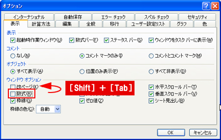 図3　タブの中の項目を移動中、一つ前の項目に戻るには、「Shift」＋「Tab」を押す