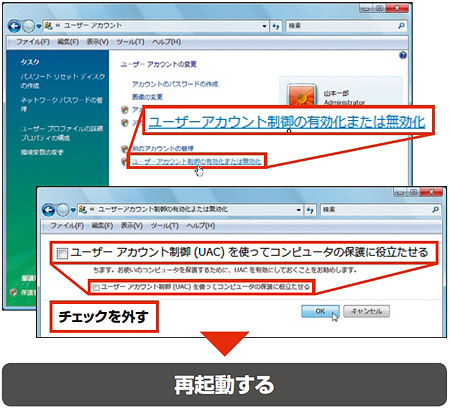 図3　続いて開く画面で「ユーザーアカウント制御の有効化または無効化」をクリック（上図）。次の画面で「ユーザーアカウント制御…」のチェックを外す（下図）。「OK」を押すとパソコンが再起動する