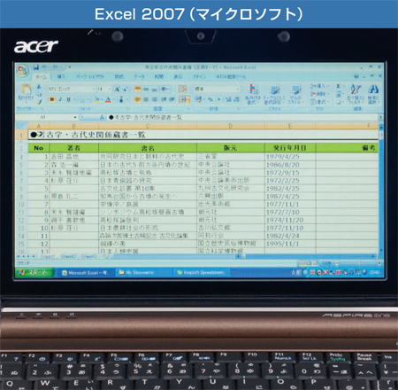 図1　1024×600ドット液晶のネットブック（日本エイサーの「Aspire one」）でExcel 2007を使用中。最近はプラス1万円程度でマイクロソフトのOfficeが付属するネットブックもあるが、バージョンは2007だ