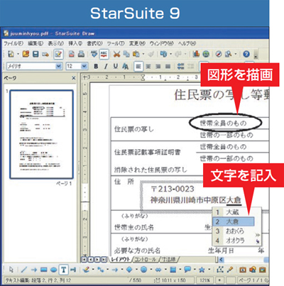 図12　StarSuiteに拡張機能「PDF Import Extension」を組み込むと、PDF文書に文字や図形を追加できる。ジャングル版やOpenOffice.orgには同拡張機能が付属しないが、OpenOffice.orgのサイトからダウンロード可能