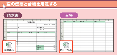 図4　テンプレート作成用の空の伝票（今回は「請求書」）ファイルと、データ保管のための台帳（今回は「取引台帳」）ファイルを用意する。台帳には、転記する項目の名前を1行目に記載し、セルに色を付けておく