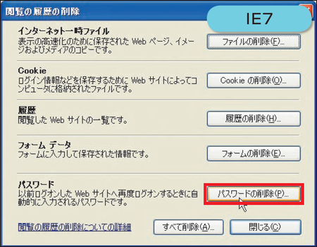 図1　記憶させたパスワードは、Webブラウザーの設定画面から消去できる。IE7では、「ツール」メニューの「閲覧の履歴の削除」を選択し、「パスワードの削除」をクリックする