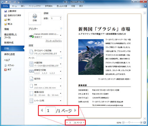 図1　「ファイル」タブの「印刷」画面。左側には印刷の各種オプション、右側にプレビューが表示される。プレビューの左下でプレビューしたいページを指定できる
