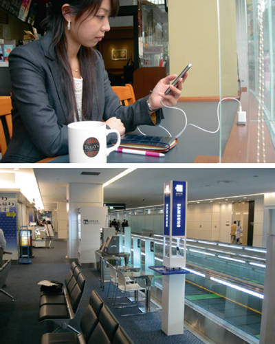 図18　飲食店では、ビジネス客の多い都市部の新店を中心に、コンセントの設置が進む（上）。韓国サムスン電子は羽田空港に無料の充電スポットを設置している（下）
