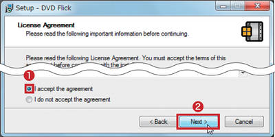 図C　「I accept the agreement」に「・」を付けて（1）、「Next」をクリックする（2）。画面の指示に従って進める。