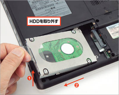 図15　中に内蔵HDDが見つかる。HDDの端子が付いていないほうを持ち上げ、手前に引き出す。これで本体から外れる。周りの金具も外しておく