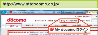 図3　NTTドコモの場合、パソコンのブラウザーからも明細を確認できる。トップページで「My docomoログイン」をクリック。携帯番号とPWでログイン。下の明細を表示できる
