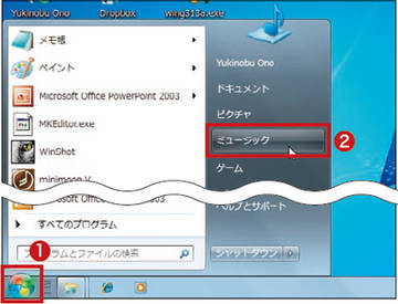 図1　「スタート」メニュー（1）→「ミュージック」（2）とクリック。XPの場合は「マイミュージック」をクリックする。