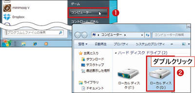 図3　スタート」メニューから「コンピューター」をクリックし（1）、外付けHDDのアイコンをダブルクリックする（2）。