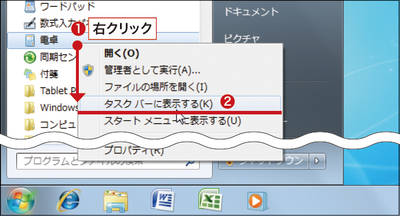 図3　スタートメニューで登録したいソフト（ここでは「電卓」）を表示して右クリック（1）。「タスクバーに表示する」をクリックする（2）。
