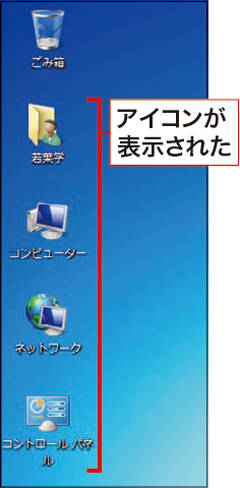 図3　デスクトップに「コンピューター」や個人用フォルダー（ここでは「若葉学」）などのアイコンが表示された。