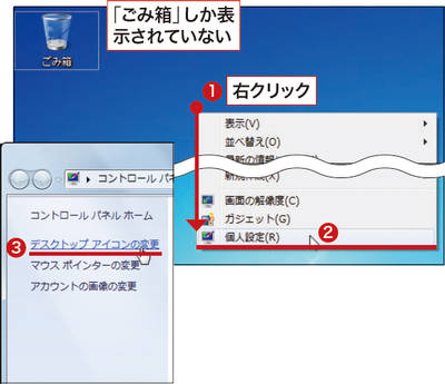 図1　デスクトップの何もないところを右クリックし（1）、「個人設定」をクリック（2）。現れた画面の左上にある「デスクトップアイコンの変更」をクリック（3）。