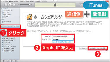 図11　iTunesで音楽やビデオを管理している場合は、同ソフトの「ホームシェアリング」機能を利用する。ホームシェアリング画面を開き、アップルに登録した「Apple ID」とパスワードを入力する。1つのApple IDで5台までのパソコンを利用できる