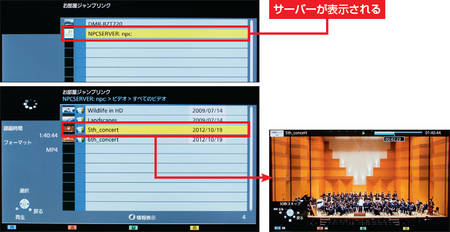 図3　パナソニックの「ビエラ」シリーズの場合は、「お部屋ジャンプリンク」機能を呼び出すとLAN内のサーバーが表示される。そこから動画ファイルを選ぶとテレビで再生できる