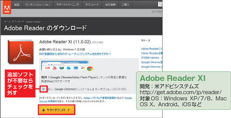 図1　無料のPDF閲覧ソフト「Adobe Reader XI」のダウンロードサイト。2013年5月時点の最新版はバージョン11（XI）。追加ソフトが不要の場合には、オプションのチェックを外してから、「今すぐダウンロード」をクリックする