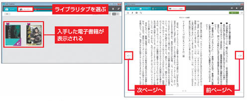 図2 楽天Koboデスクトップアプリのライブラリに、取得した電子書籍が表示される（左）。ライブラリの電子書籍を読んでいるところ（右）。左右の矢印をクリックすると前後のページに進める