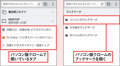 図5 図4左のメニューから「最近使ったタブ」（iOS版では「その他のデバイス」）を選ぶと、パソコン版Chromeで開いているタブを表示できる。また「ブックマーク」を選び「パソコンのブックマーク」をタップすると、パソコンで保存したサイトを開ける