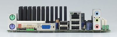 背面端子部分。左からPS/2×2、アナログ出力のミニD-Sub15ピン、USB×4、Gigabit Ethernet、オーディオ入出力。