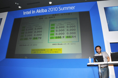 会場奥のステージでは、終日さまざまなプレゼンテーションが開催された。インテルの天野伸彦氏は、18時を過ぎる遅い時間に登壇したが、ほぼ満員という人気ぶりだった。