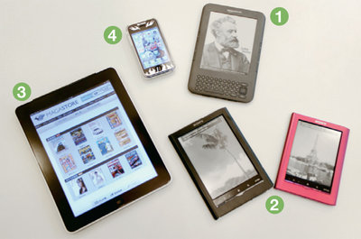 図1　欧米では、2007年ごろから電子書籍端末が急速に普及している。米アマゾンの（1）Kindle、ソニー（2）Readerに続き、2010年には電子書籍以外の目的でも使える（3）iPadのようなタブレット型コンピューターも登場し、勢いを増している。（4）iPhoneなどのスマートフォン向けに電子書籍を配信する動きも活発だ