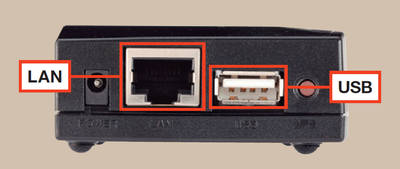 図3　USB端子とLAN端子を1つ備える。接続できるプリンターは1台。有線LANは100BASE-TXに対応