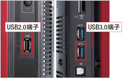 図2　USB3.0端子とUSB2.0端子を別々に備えるパソコンが増えている。端子の内部に青い部品が付いていれば3.0端子。