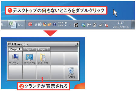 図3 インストール後、デスクトップでダブルクリックすると（1）、CLaunchのメイン画面が表示される（2）。マウスの左ボタンを押しながら画面右下にポインターを移動しても表示できる